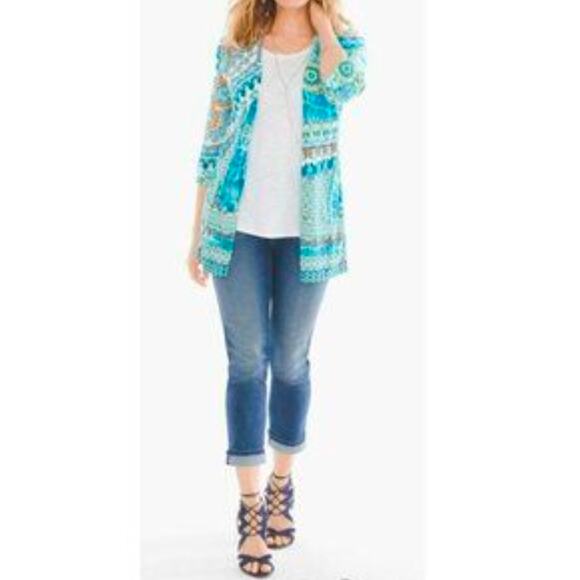 Chico's Sweaters - Womens Chicos Cotton Blend Boho Mixed Pattern Long Line Cardigan Blue Green XL
